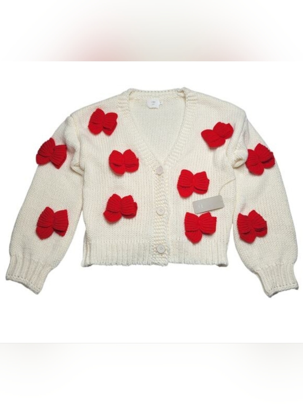 Luna Ivy Viral 3D Bow Chunky Sweater Button Cardigan White Red Valentine Small